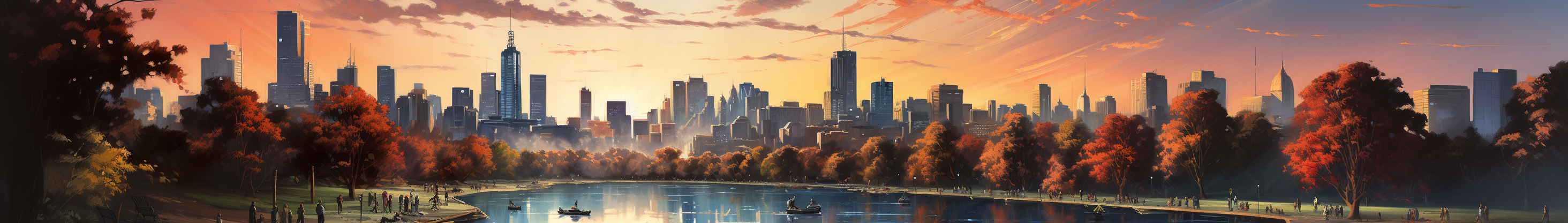 Cityscape with Lake and People